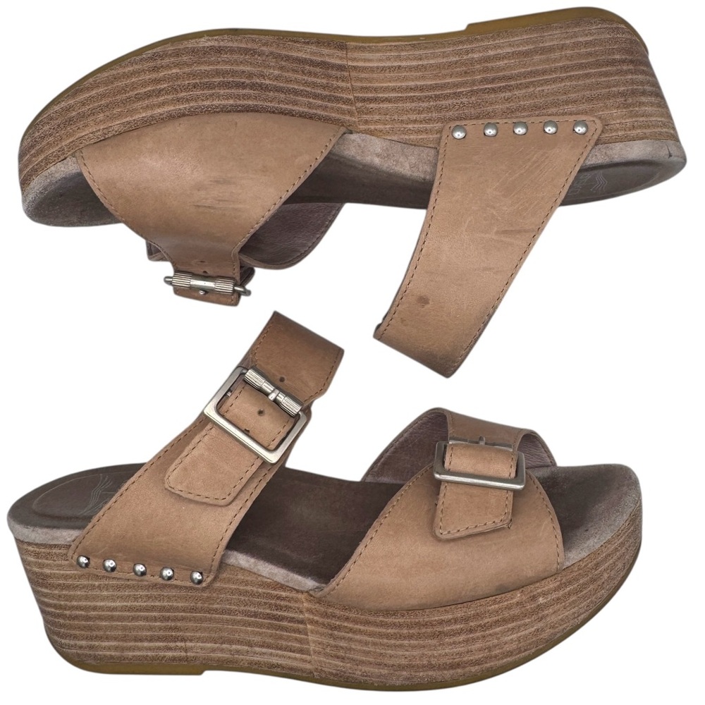 Dansko Tan Leather Platform Slide Sandals with Buckles